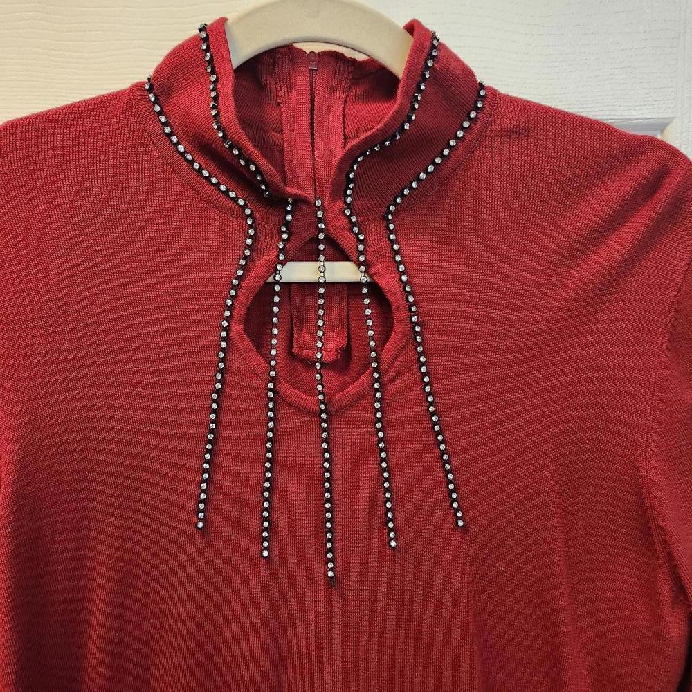 Reba Women's Long Sleeve Red Mock Neck Sweater w/ Rhinestones Size S - Picture 3 of 9